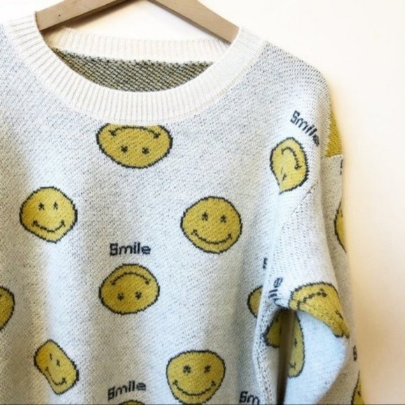 Happy Face Graphic Cozy Knit Pullover Sweater Long Sleeves Soft Knit One Size - Picture 3 of 3